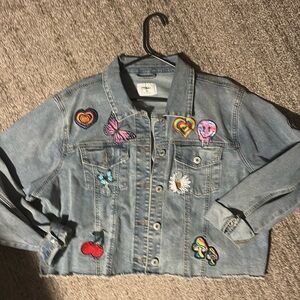 Rue+ cropped denim jacket 2x Patches Mushroom Embroidered